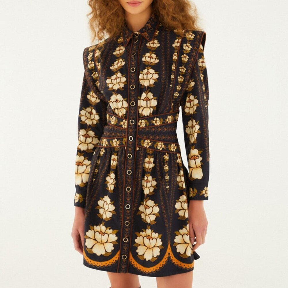 FARM Rio Black Bold Flowers Long Sleeve Organic Cotton Mini Dress. Sz: M - Picture 3 of 13